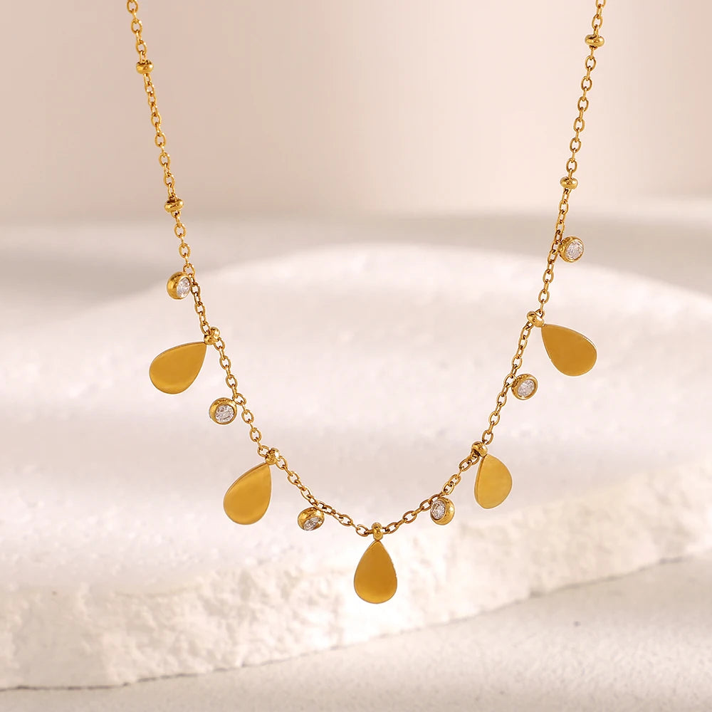 Dreamshow Water Drop Fashion Zircon Necklace 18k Gold Plated Stainless Steel Jewelry Women Waterproof Jewelry
