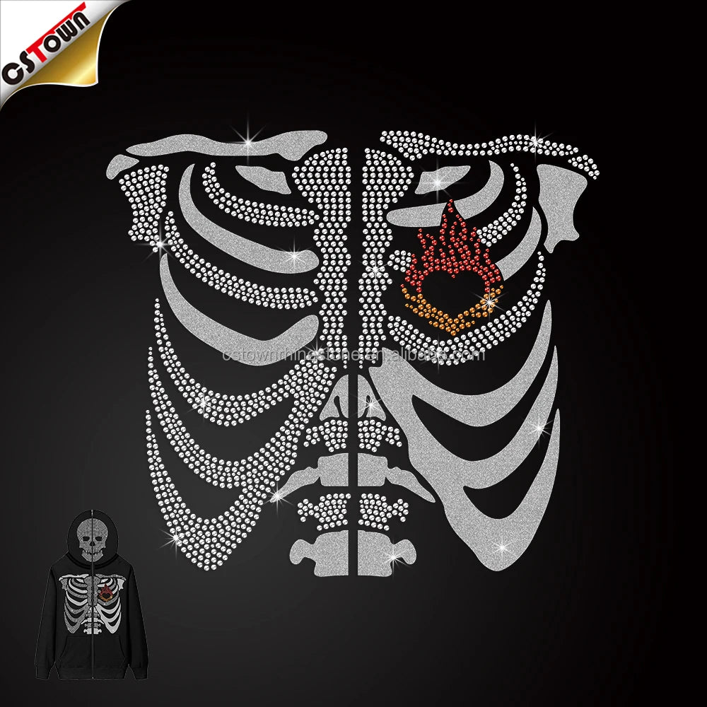 Low Quantity Order Flame Skeleton Rhinestone Transfer Rhinestone Heat Transfer Motif for Hoodie
