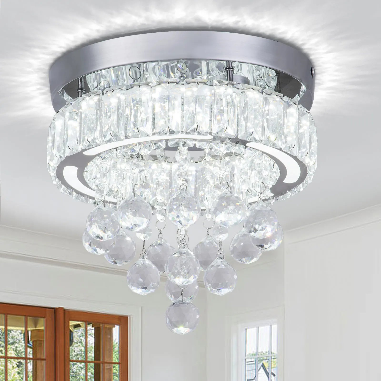 9.8" Modern Crystal Chandelier LED Flush Mount Ceiling Light Fixtures with Switch Control for Living Room Bedrooms D