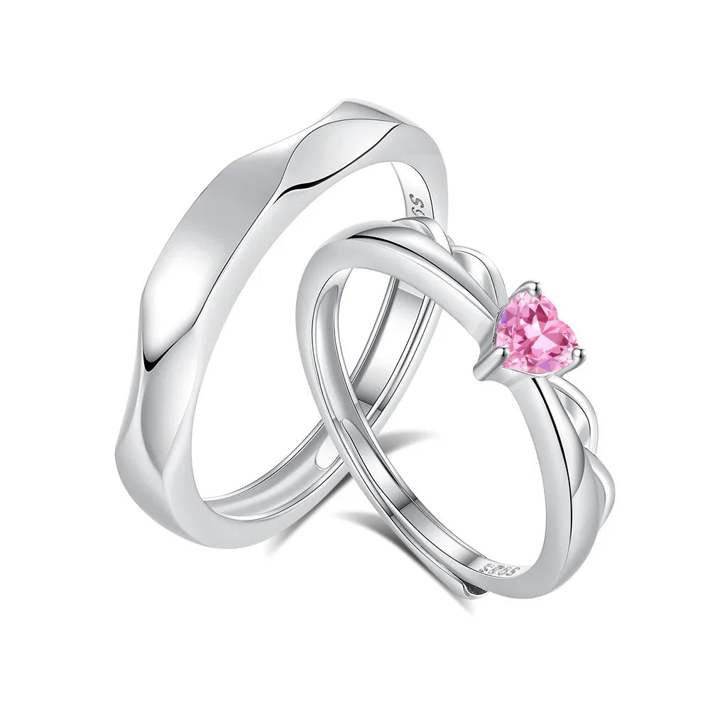 FDJZ-145 Light Luxury Love Couple Rings 925 Sterling Silver Rings for Couple Silver Adjustable Pink Heart Geometry Engagement