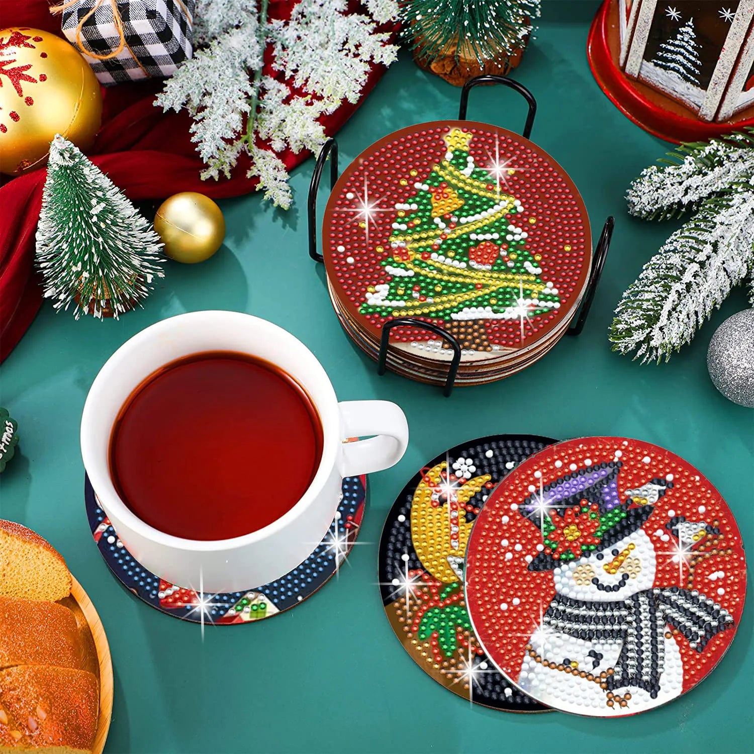 New 6PCS DIY Cartoon Diamond Painting Stitch Yoda Coaster Set Rhinestones Wooden Table Placemat Rack Hand-Painted Xmas Gifts