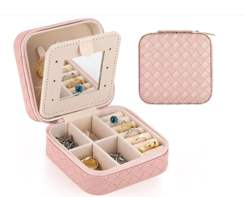 Portable Pink Woven Pattern Jewelry Organizer Box with Mirror