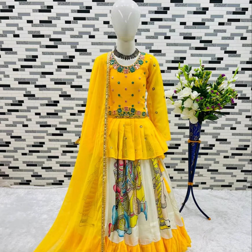 New Designer Kediya Style Girls' Wedding Party Wrinkle Free Heavy Fox Georgette Lahenga Set Fully Stitched Indian Pakistani