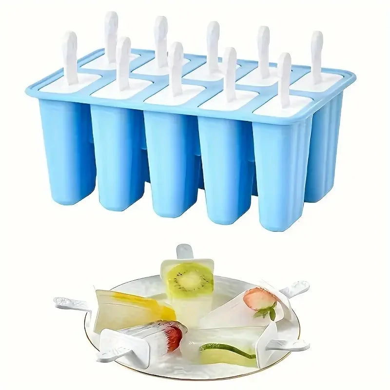 10 Cavity Large Popsicles Silicone BPA Free Mold for Ice Maker With 50Pcs Popsicle Sticks