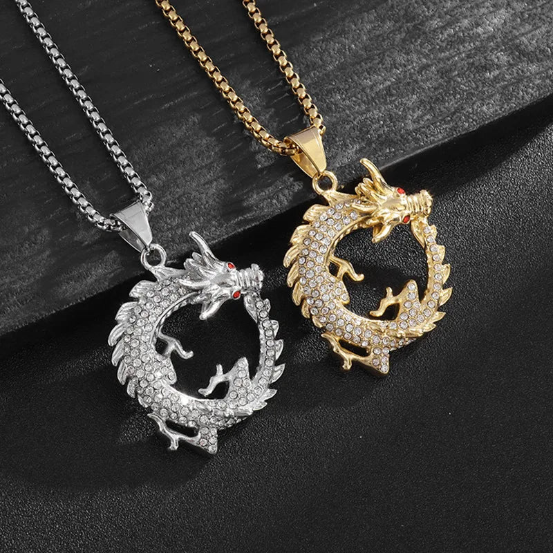 Hip Hop 3D Dragon Design Gold Plated Stainless Steel Pendant Necklace for Men