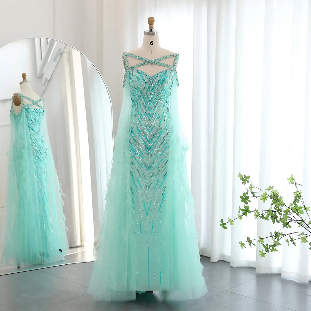 Jancember LSZ468 Crystal Turquoise Sequins Beaded Feather Evening Party Dresses for Girls