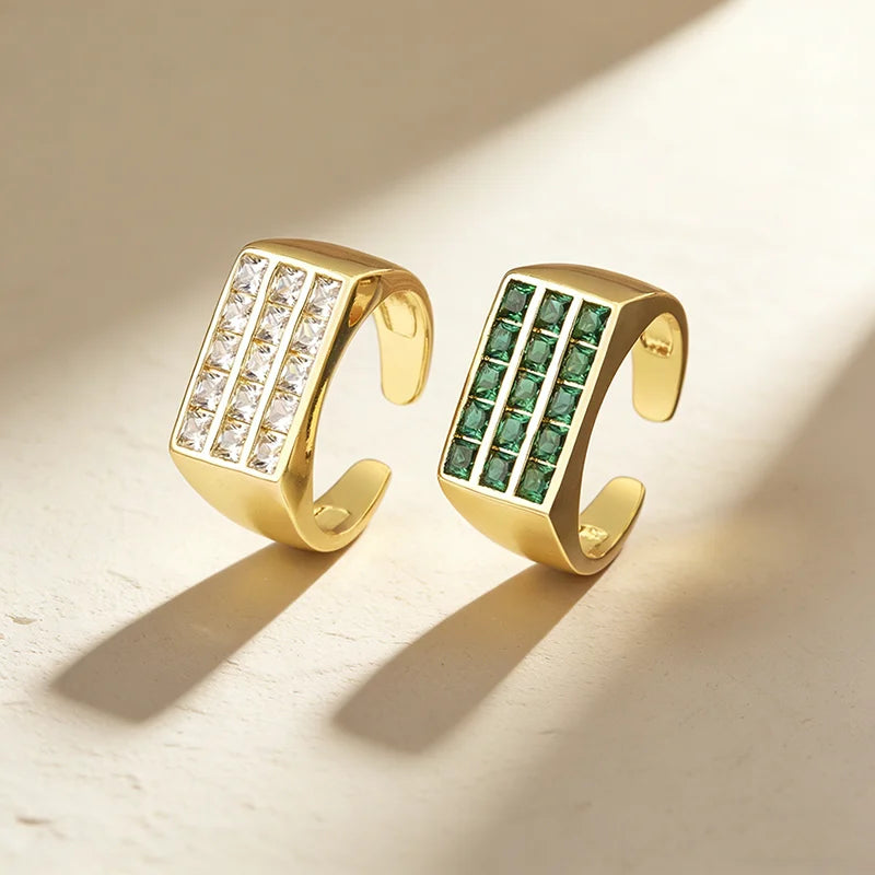 QIKU Classic Rectangle Copper 18K Gold Plated Cubic Zirconia Adjustable Ring Light Luxury Party Girl Accessories Wholesale