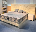 Queen Size Upholstered Platform Solid Wood Bed Frame Golden Metal Legs Beige Leather Bedroom Furniture Soft Bed