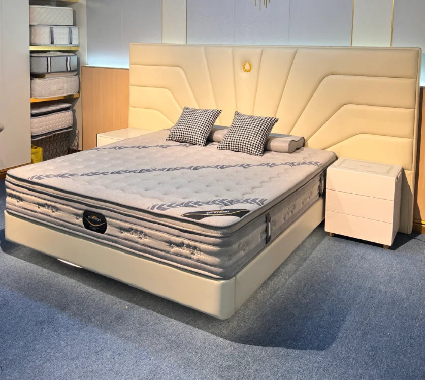 Queen Size Upholstered Platform Solid Wood Bed Frame Golden Metal Legs Beige Leather Bedroom Furniture Soft Bed