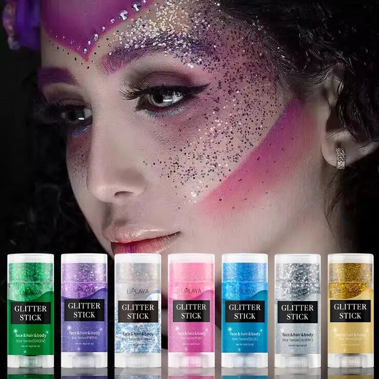 Waterproof Long-Lasting Bright Shine Cosmetics Party Hair and Body Highlighter Stick with Chunky Rainbow Glitter for Makeup