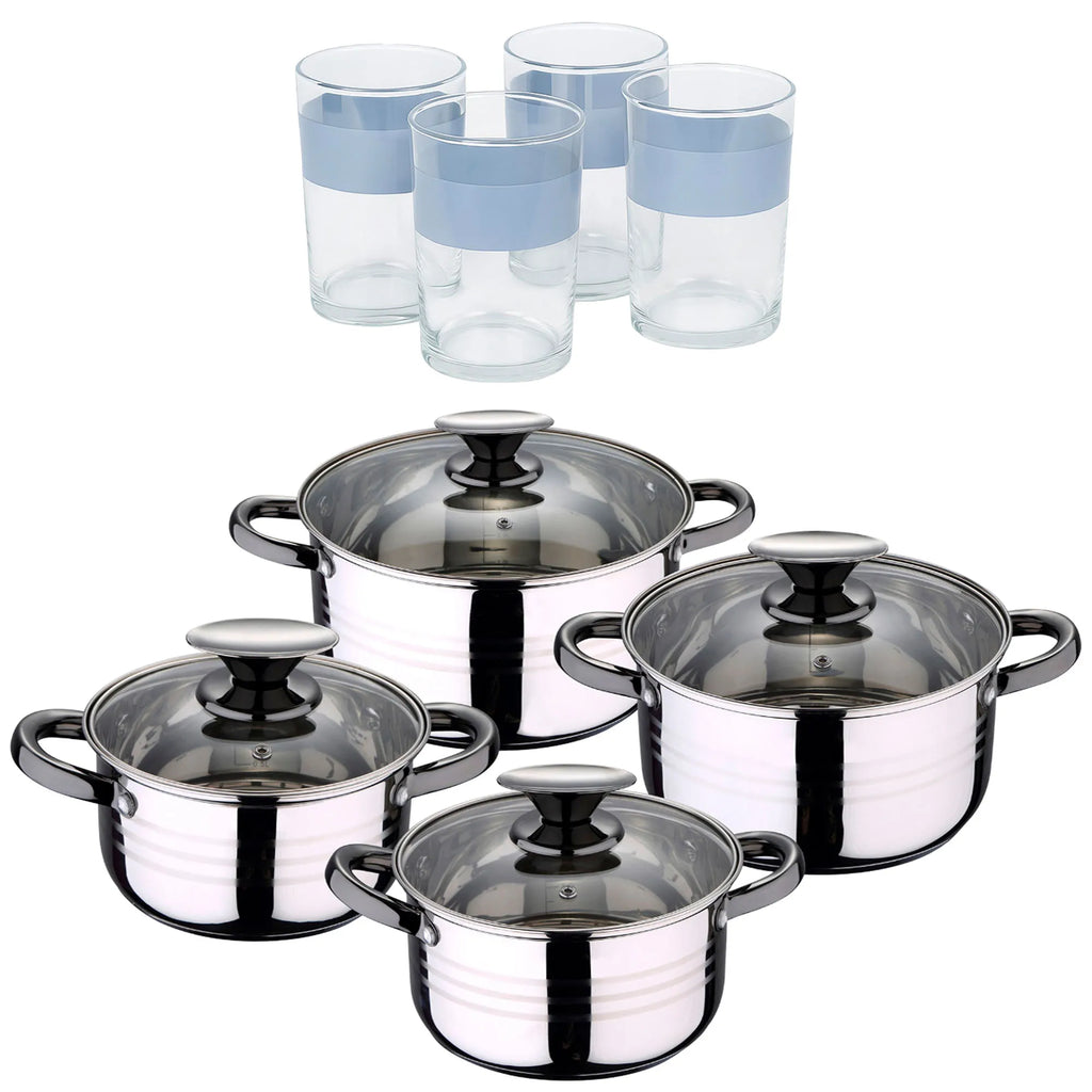 8-piece stainless steel cookware set suitable for induction hobs San Ignacio Premium Collection + Set of 4 x 0.5L glasses