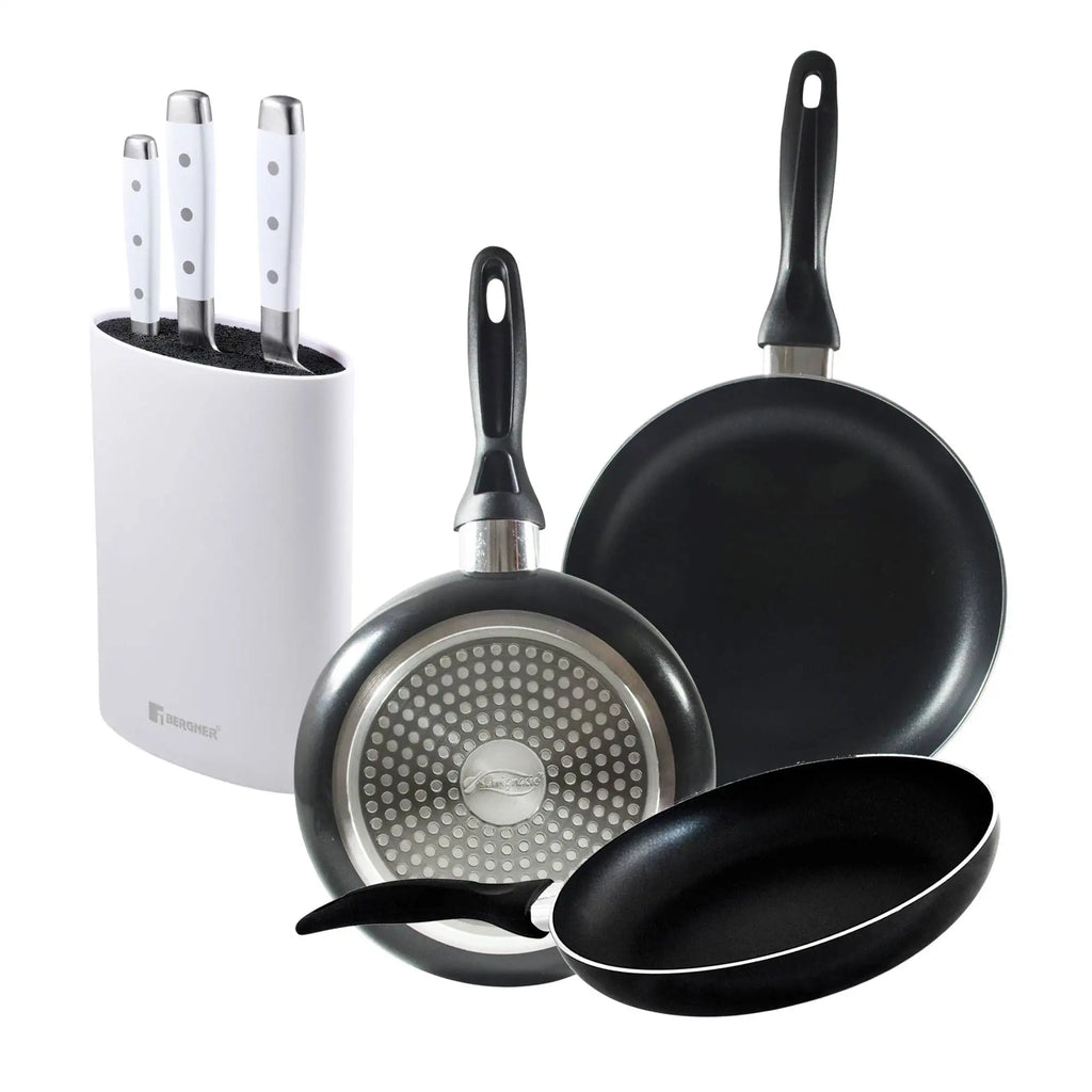 Set of 3 San Ignacio frying pans (16 20 24cm) pressed aluminum suitable for induction + Set of 3 stainless steel knives +