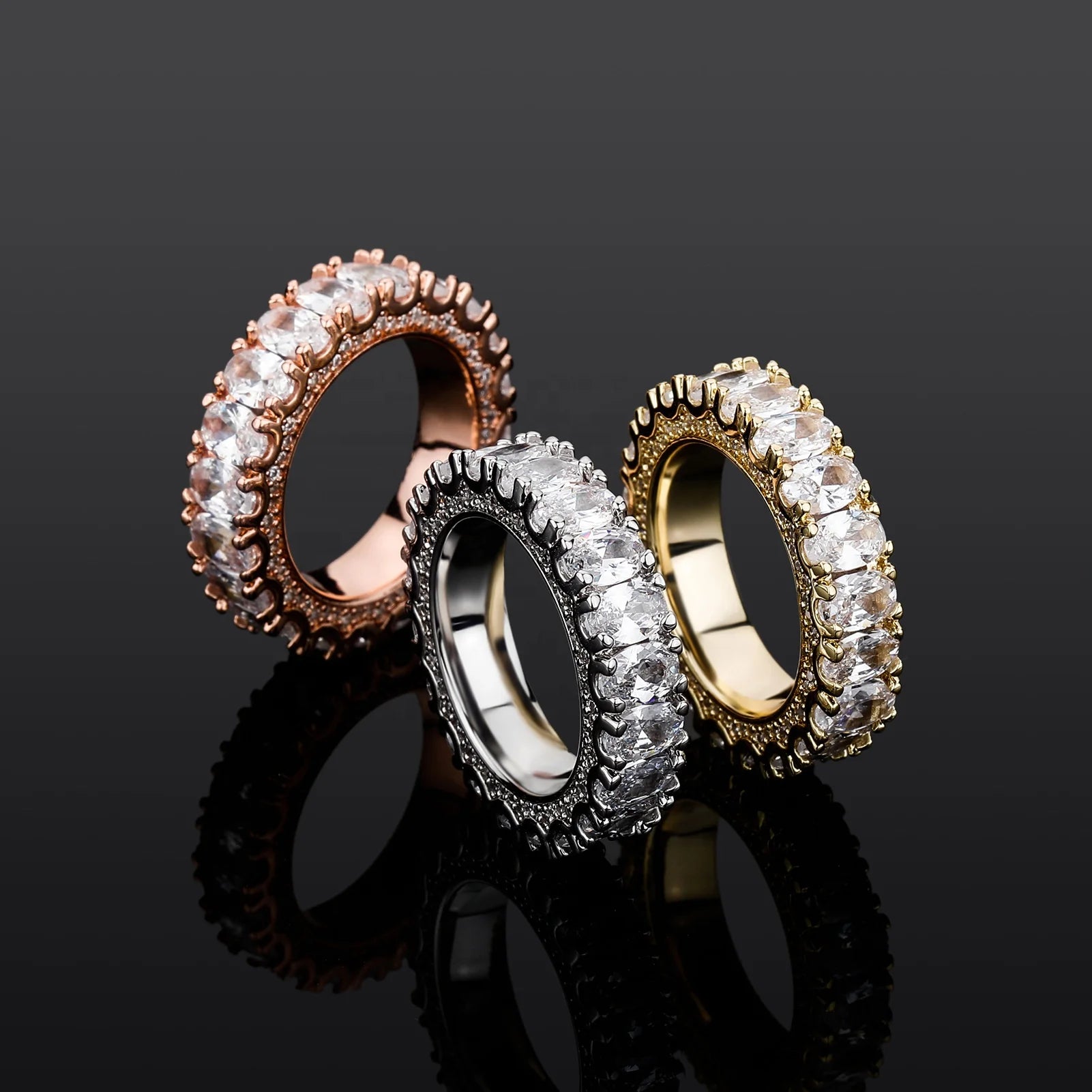 Iced Oval CZ Lab Created Hip Hop Brass Gold Plated Eternity Rings Women Men Fashion Geometry Cubic Zircon Finger Wedding Party