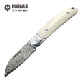 Hongrui 2026 New Design CNC Damascus Outdoor Folding Knife Survival Knife No Lock and African Horn Handle for Camping