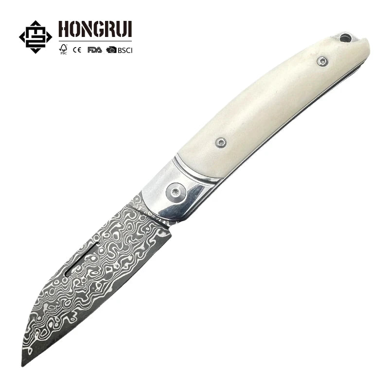 Hongrui 2026 New Design CNC Damascus Outdoor Folding Knife Survival Knife No Lock and African Horn Handle for Camping