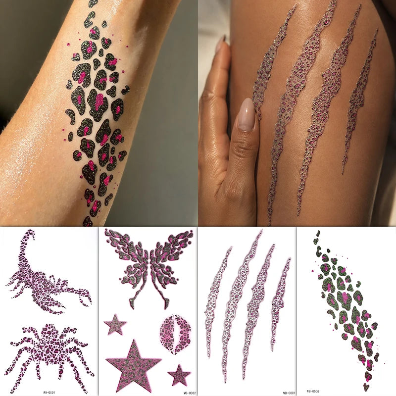 Glitter Leopard Print Temporary Tattoo Sticker Purple Sparkly Butterfly Scorpion Spider Star Body Art Waterproof Fake Tattoo MegaBDM