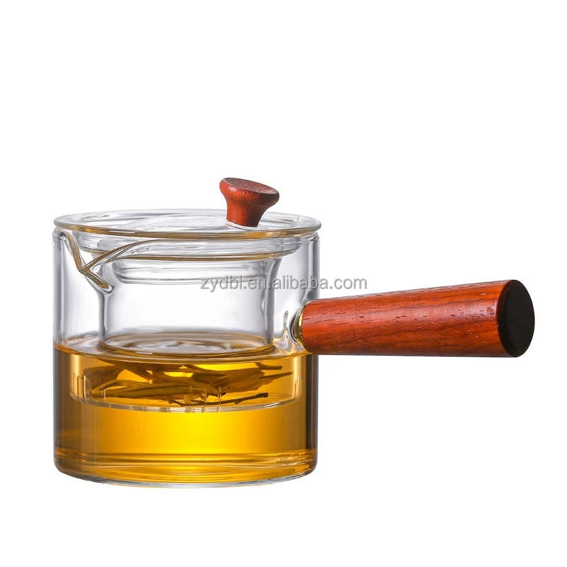 2026 Wood Handled Glass Gaiwan Teapot Heat Resistant Borosilicate Steeper Built in Infuser Drip Proof Spout for Tea Brewing