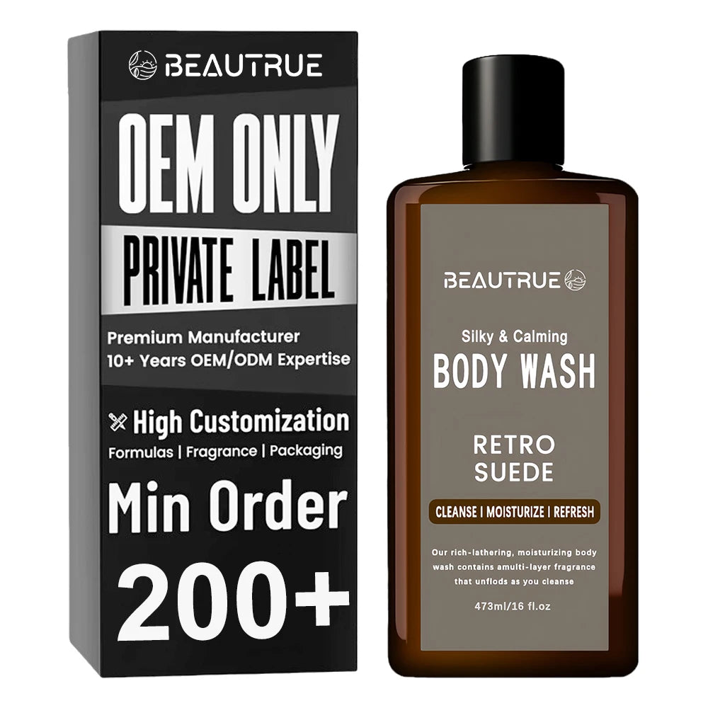 Private Label Body Wash Men Vintage Suede White Moss Rich Amber Masculine Shower Cleanser Hydrating Long Lasting Fragrance