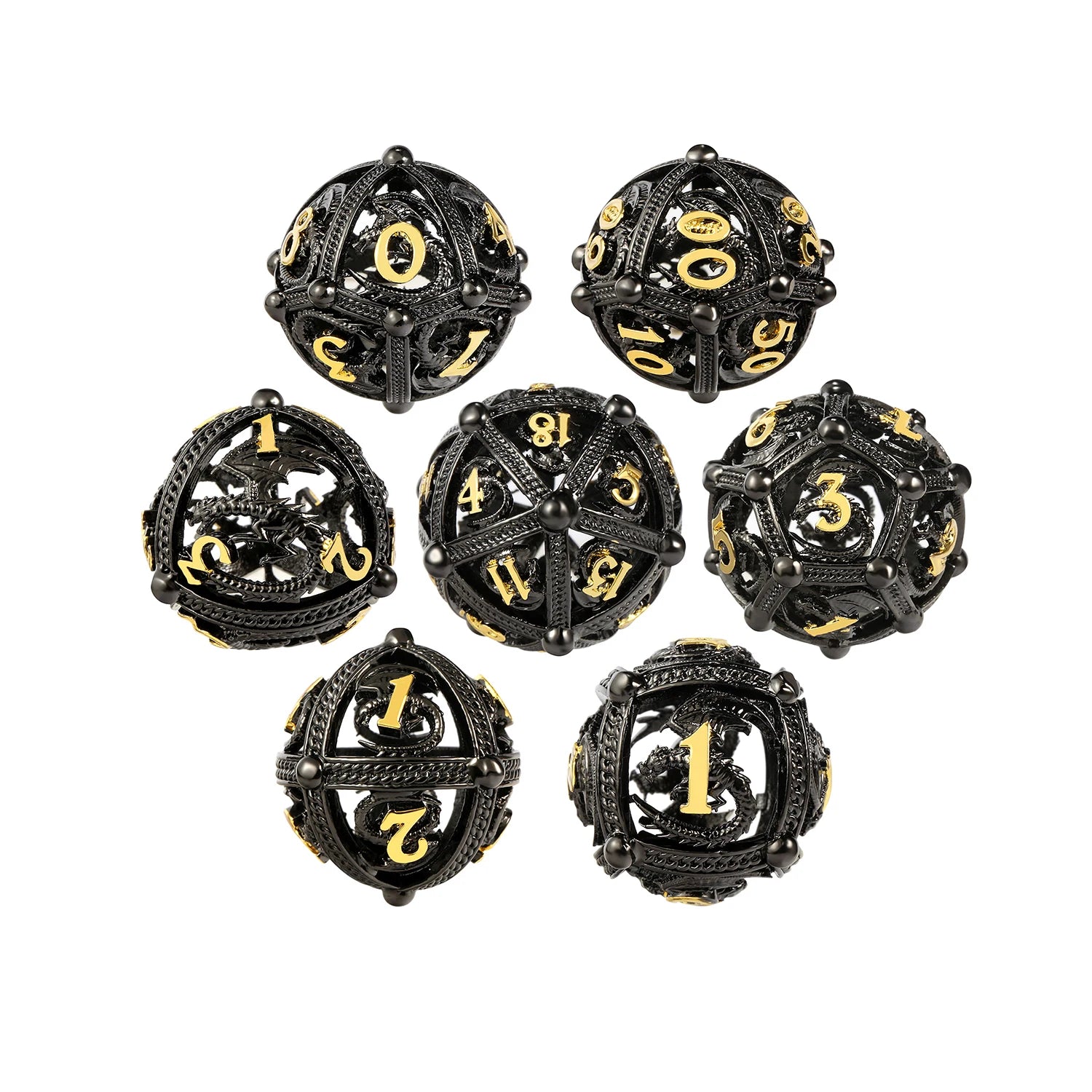 Factory Wholesale Dragon Hollow Copper Metal Dice Set D&D 7PCS Polyhedral Black & Gold for Dungeons and Dragons Tabletop Game