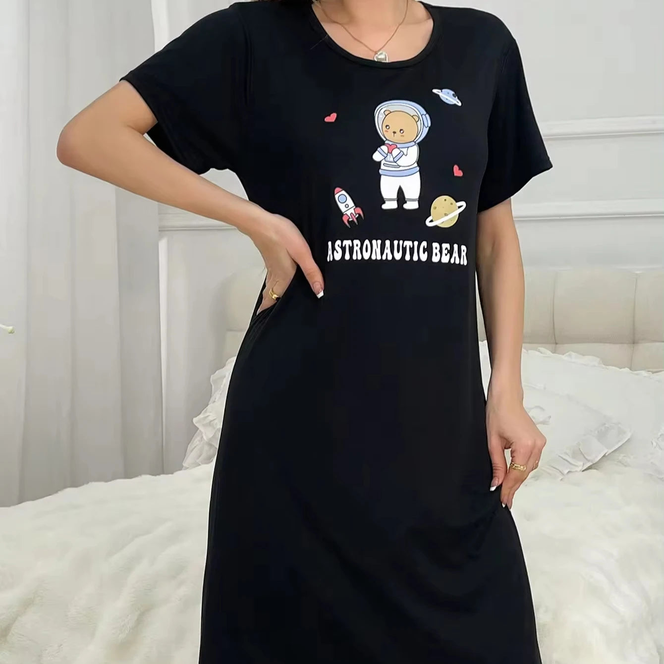 Women Nightgown Short Sleeve Sleepwear Adult Sleep T-shirts Loungewear Cartoon Print Cute Print Pajama Dress