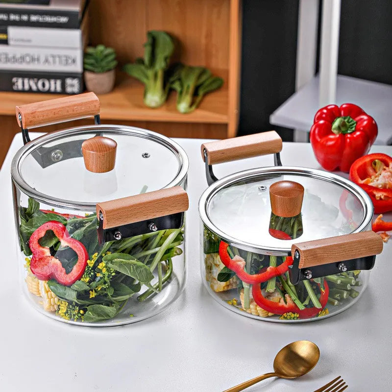 2025 New Design Borosilicate Clear Glass Stock Pot Set Classic Stainless Steel Wooden Compatible Soup Home