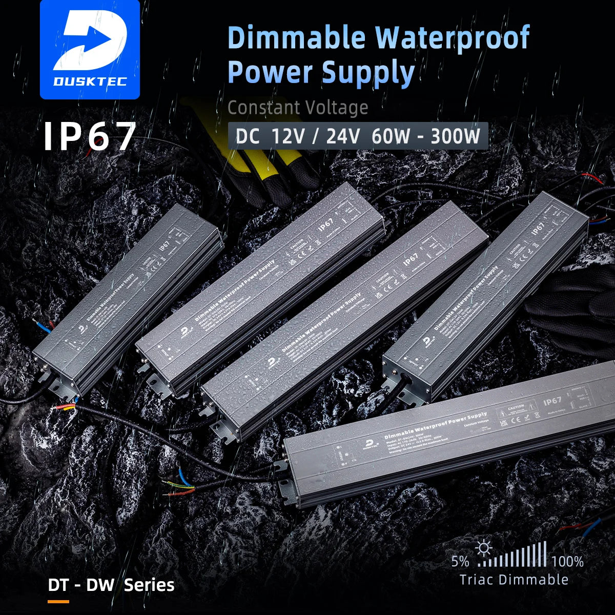 DUSKTEC 60W 100W 200W AC 100-130V 170-260V 100-260V DC 12V 24V IP67 Strip Light 3-in-1Dimmable Triac Led Driver
