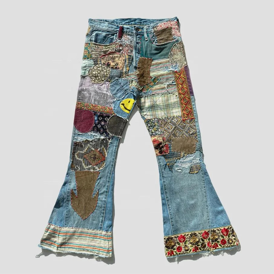 Aeedenim Denim Clothing Manufacturer Top Quality Wholesale Custom Patchwork Flare Jeans Pants for Men New Fashion