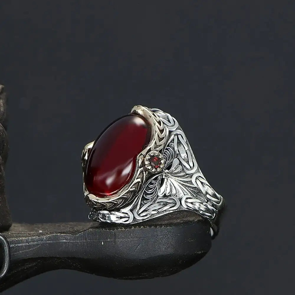 Azuris Custom Logo 925 Sterling Silver Ottoman Style Men's Ring Naturel Black Stone Handmade in Turkey Model VALKH1533