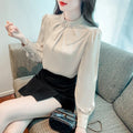 Korea Elegant Lady Blouses Long Sleeve Office Fashion Design Stand Collar Plain Dyed Solid Pattern Beading Decoration Simple One