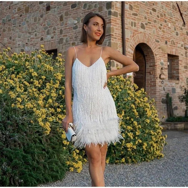 2025 Vintage Autumn Woven Fashion Tassel & Sequin Multi-Color Daily Sexy V-Neck Camisole Feather-Trimmed Formal Dress
