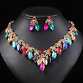 PFT Vintage Alloy Exaggerated Necklace Earring Set Crystal Gemstone Short Clavicle Chain Women's Two Piece Set Wedding Party MegaBDM