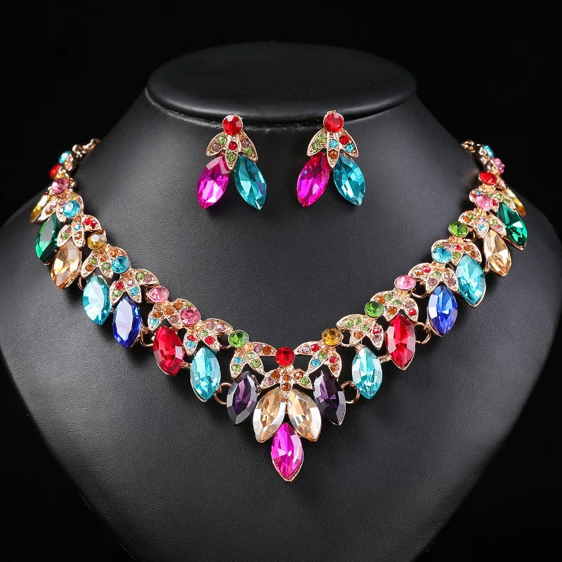 PFT Vintage Alloy Exaggerated Necklace Earring Set Crystal Gemstone Short Clavicle Chain Women's Two Piece Set Wedding Party MegaBDM