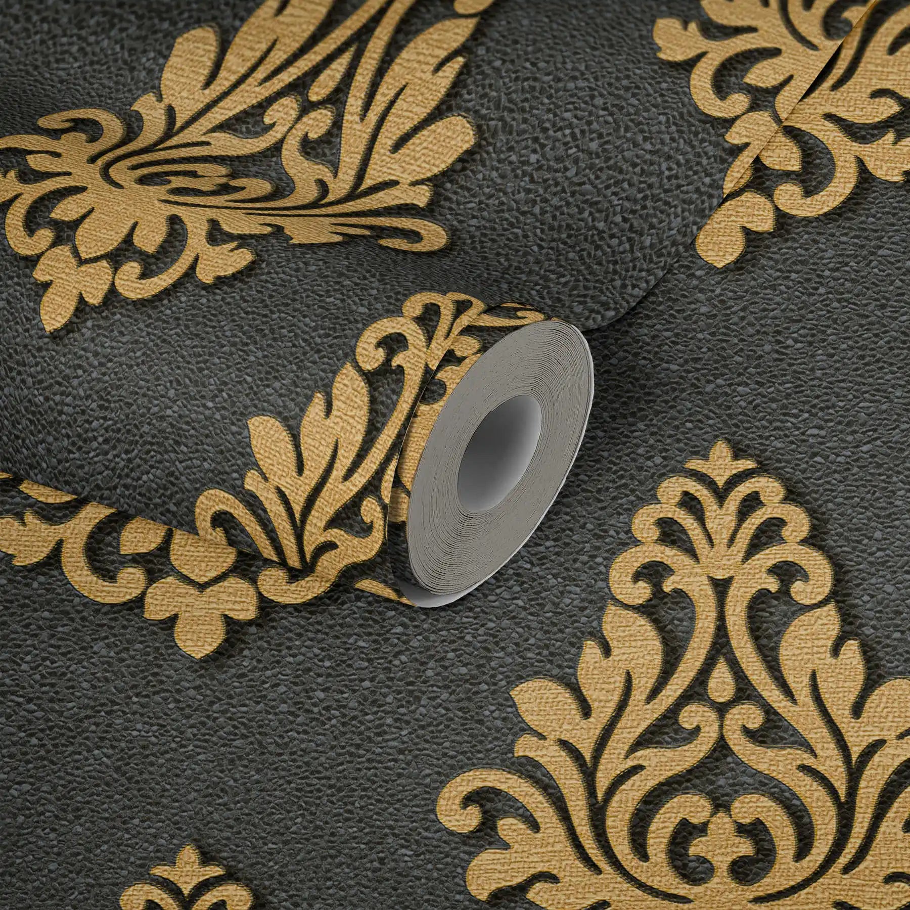 Germany Made Victorian Damask Gold Black Non Woven Vinyl Wallpaper for Living Room Kitchen Abrasion-Resistant 1005x070m Rolls