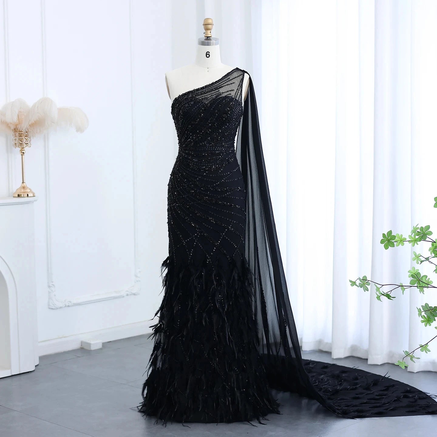 Jancember SZ498 Asymmetric Black Stylish Feather Evening Prom Gowns Dresses