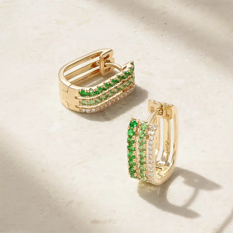 LOZRUNVE 18k Gold 14k Gold Green Emerald Cubic Zirconia U Shape Triple Line Diamond Hoop Earring