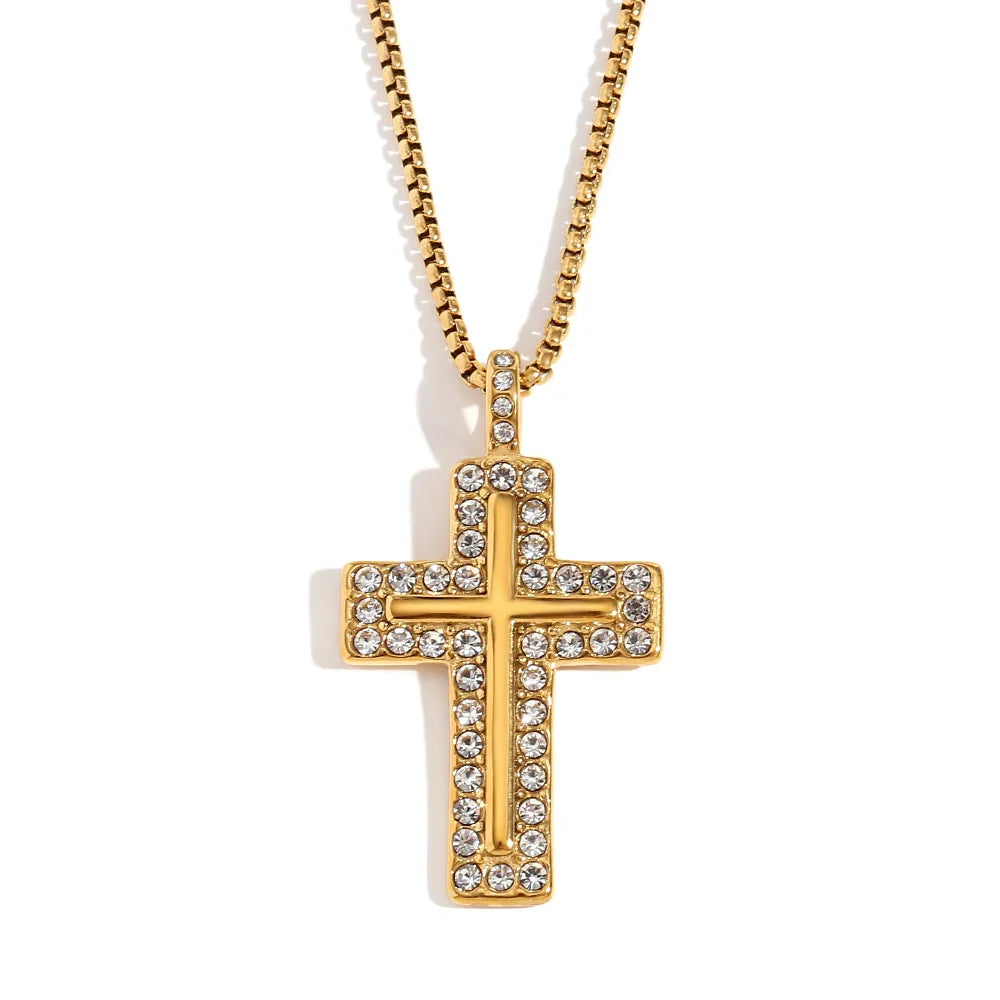 INS New TRENDY CZ Zircon Rhinestone Cross Pendant Stainless Steel 18K Gold Plated Box Chain Necklace Jewelry for Women