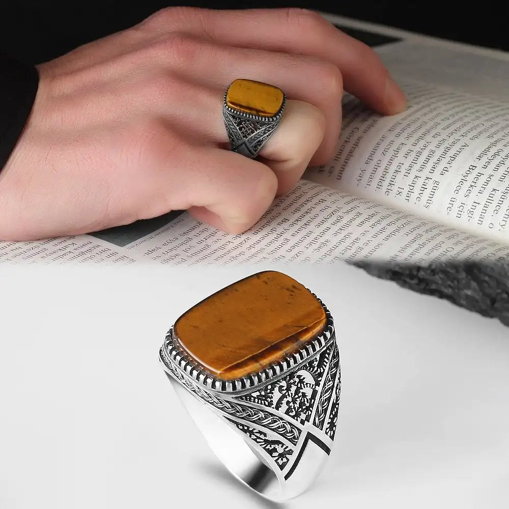 Azuris Turkish 925 Sterling Silver Men's Ring Ottoman Style Fashion Jewelry Natural Stone Black Color Handmade VALKH1350