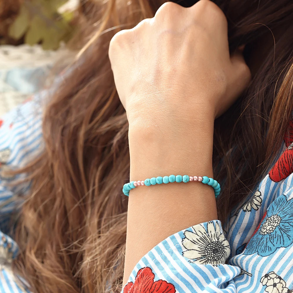 Azuris 925 Sterling Silver Turquoise Bracelet Gold and Rose Gold Beaded Bangles Luxury Jewelry