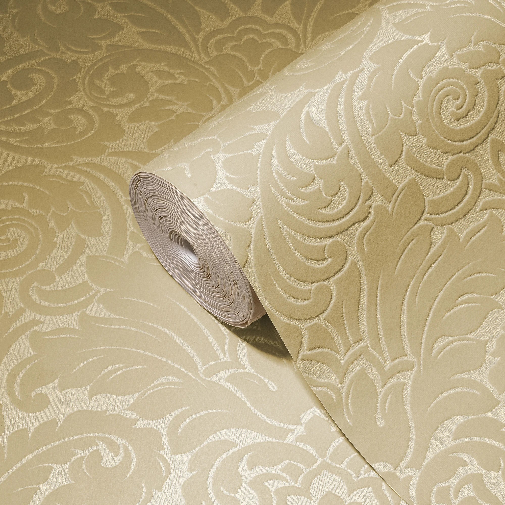 Germany Luxury Velvet Flock Damask Beige Non Woven Anti-static Wash-Resistant Wallpaper Rolls for Hotel Bathroom Living Room