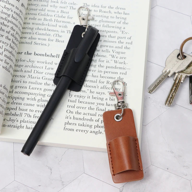 Compact Lightweight PU Leather Pen Carrier Pen Hanging Holder With Keychain Accessory Durable Anti-lost Pen Pouch for Students