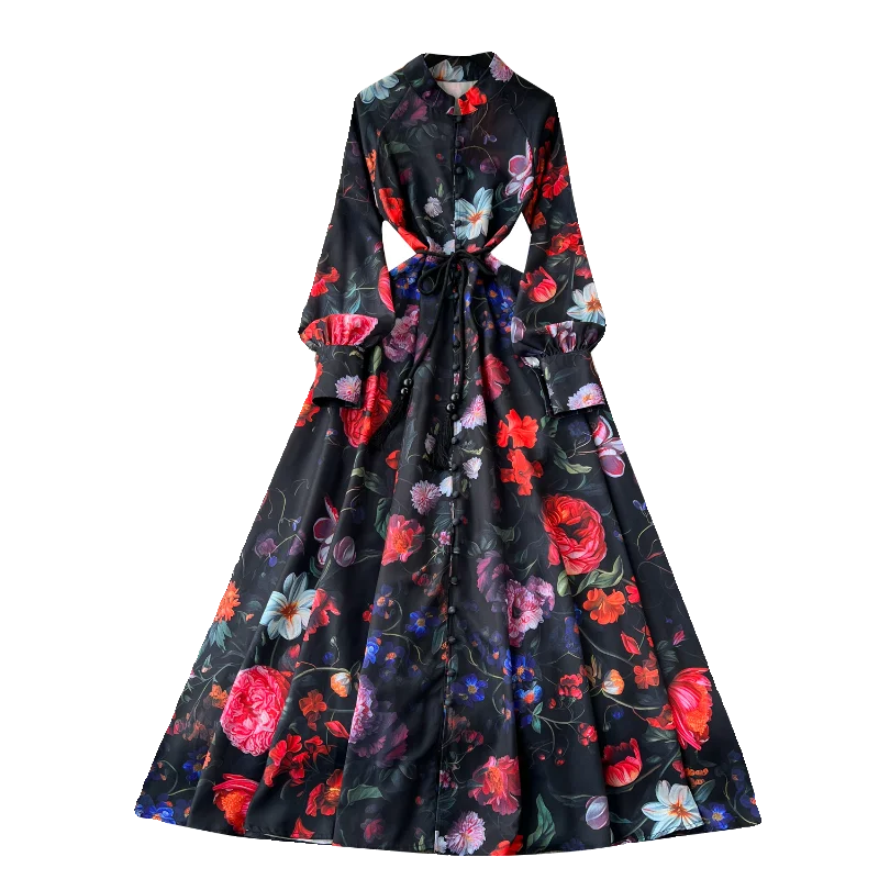 Spring Vintage Casual Midi Dress for Women Empire Printed Lace Vestidos Black