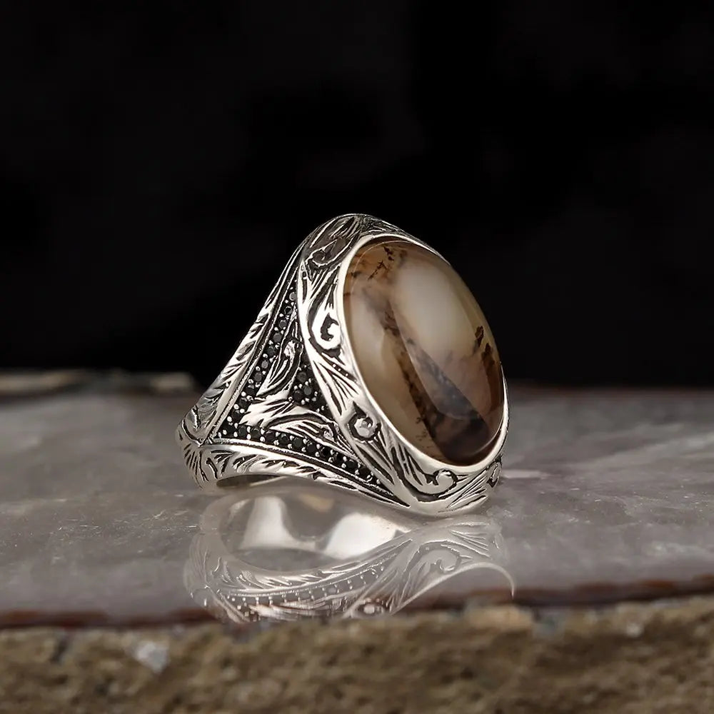 Men's Luxury 925 Sterling Silver Classic Wedding Ring with Cut Diamond and Amber Natural Stone Perfect Wholesale Gift