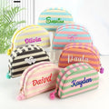 SW Hot Selling Stripe Shell Shape Makeup Bag Personalized Embroidered Pompom Canvas Toiletry Bag Zippered Portable Storage Bag