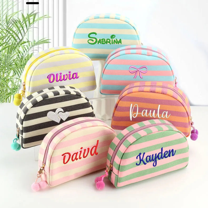 SW Hot Selling Stripe Shell Shape Makeup Bag Personalized Embroidered Pompom Canvas Toiletry Bag Zippered Portable Storage Bag