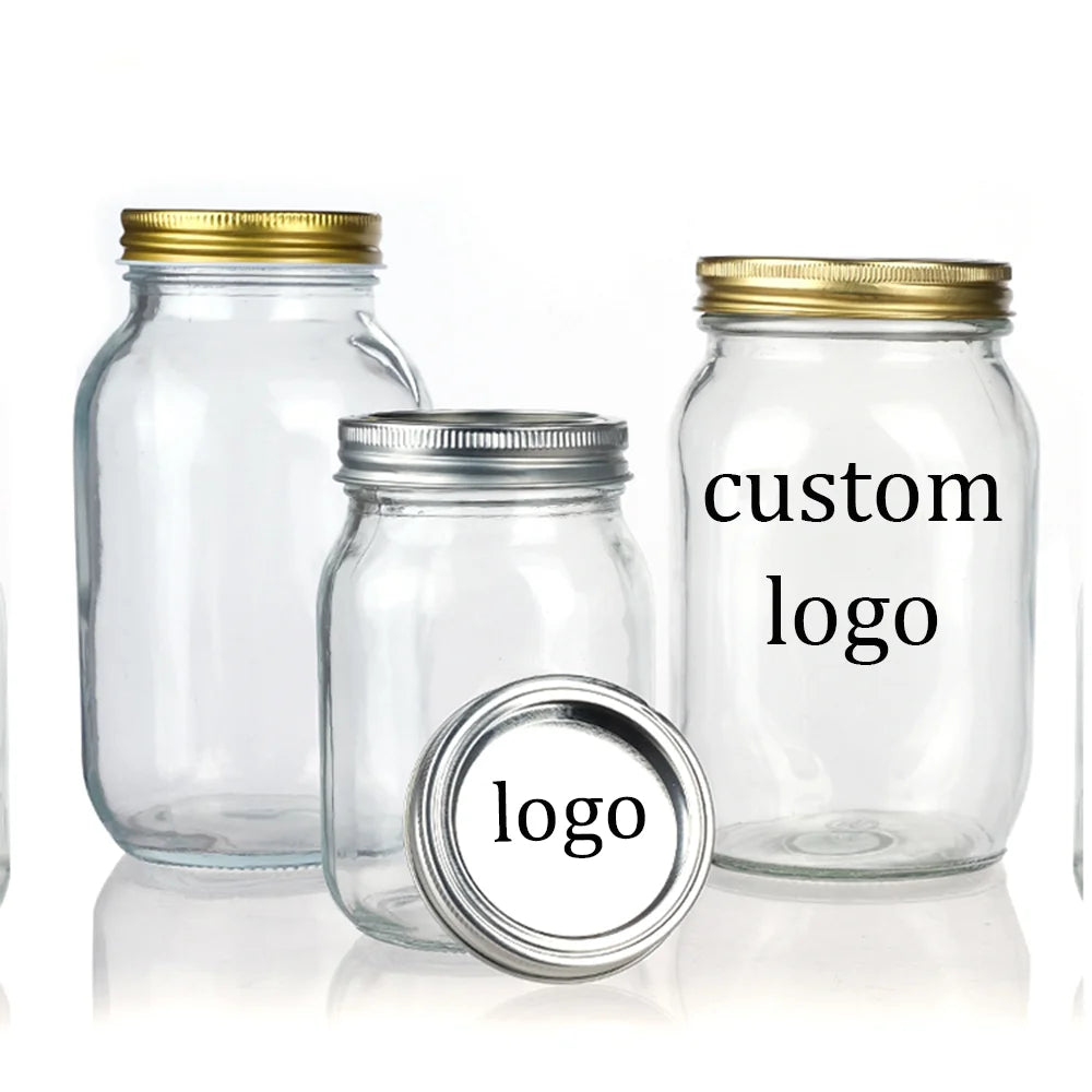 Custom Storage Jar Containers Metal Lid for Pickle Snacks Jam Honey Wide Mouth Glass Mason Jars
