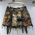 Trendy Casual Natural Distressed Print Mini Skirt with Pocket Asymmetrical A-Line Design Anti-Peek Feature 100% Cotton