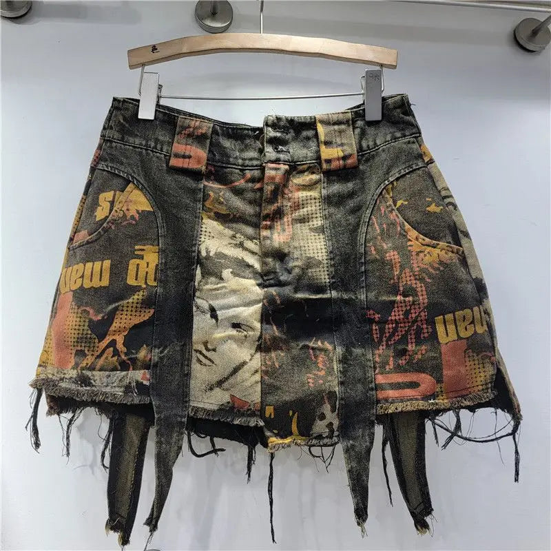 Trendy Casual Natural Distressed Print Mini Skirt with Pocket Asymmetrical A-Line Design Anti-Peek Feature 100% Cotton