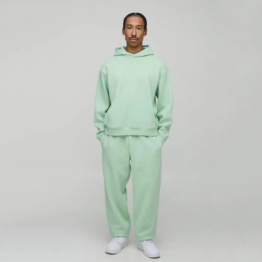 Men's Pastel Green Printed Eco-Friendly Loose Fit Hooded Sweatshirt Kangaroo Pouch Jogger Bottoms Thick Fabric Winter Urbanwear