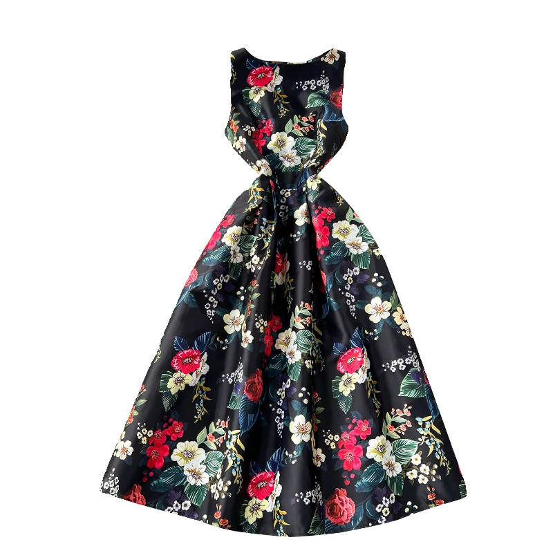2024 Summer Vintage Sun Midi Dress for Women Sleeveless Empire Printed Lace Vestidos Black