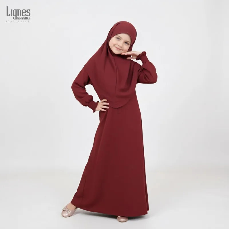 2026 Full-Length Breathable Polyester Khimar Abaya Set for Kids Girls Islamic Eid Prayer Dress 2-Piece Jilbab